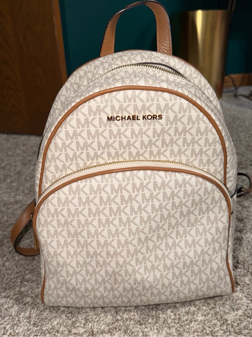 Michael Kors Beige Logo Small Backpack with Brown Trim